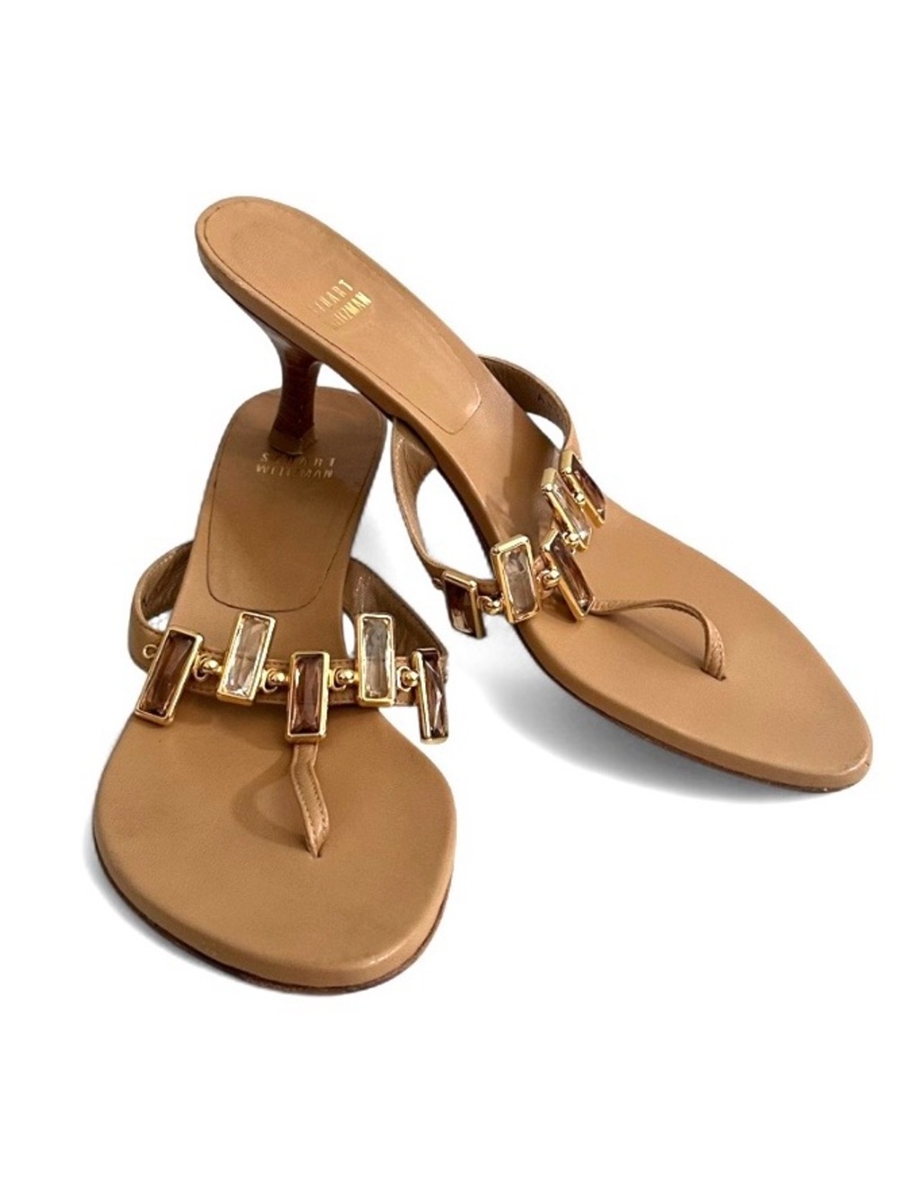 Brown Leather T-Strap Heeled Sandals with Gold Accent